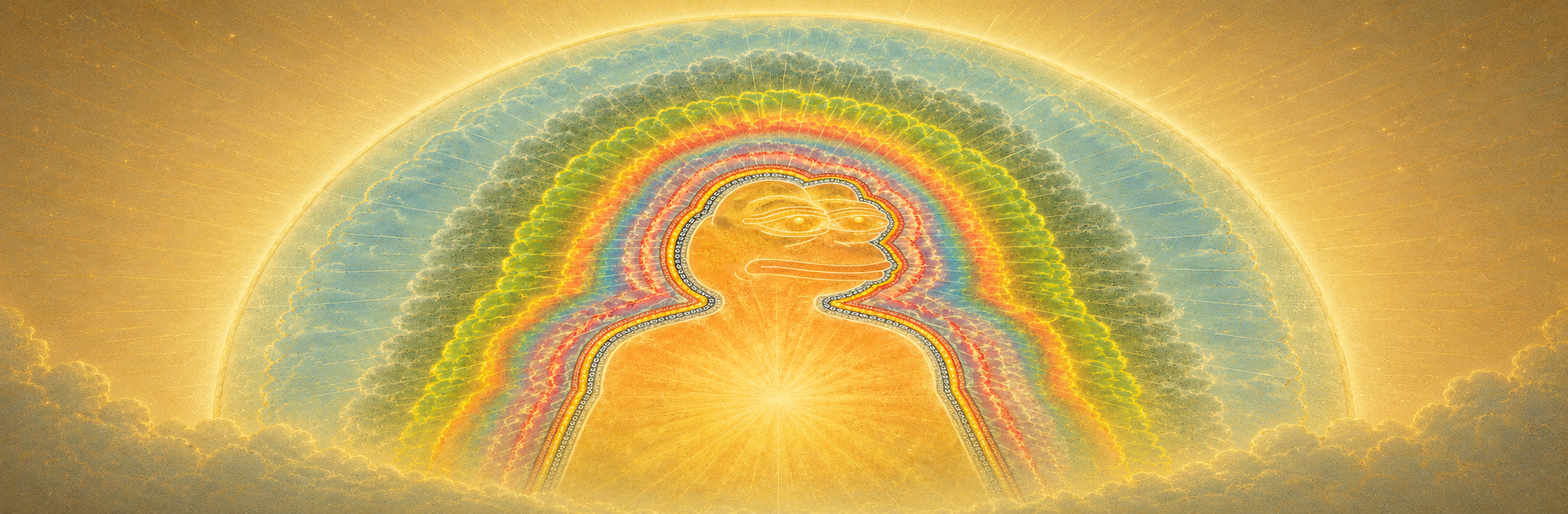 Glowing Aura Pepe surrounded by golden light, clouds, and rainbow aura rings